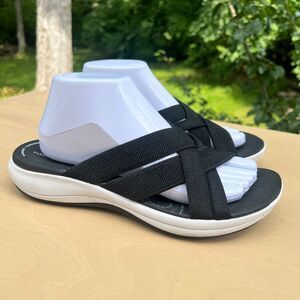 Clarks Cloudsteppers Sandals Size 9.5 Mira Isle Slide Black Slip On Casual Wedge